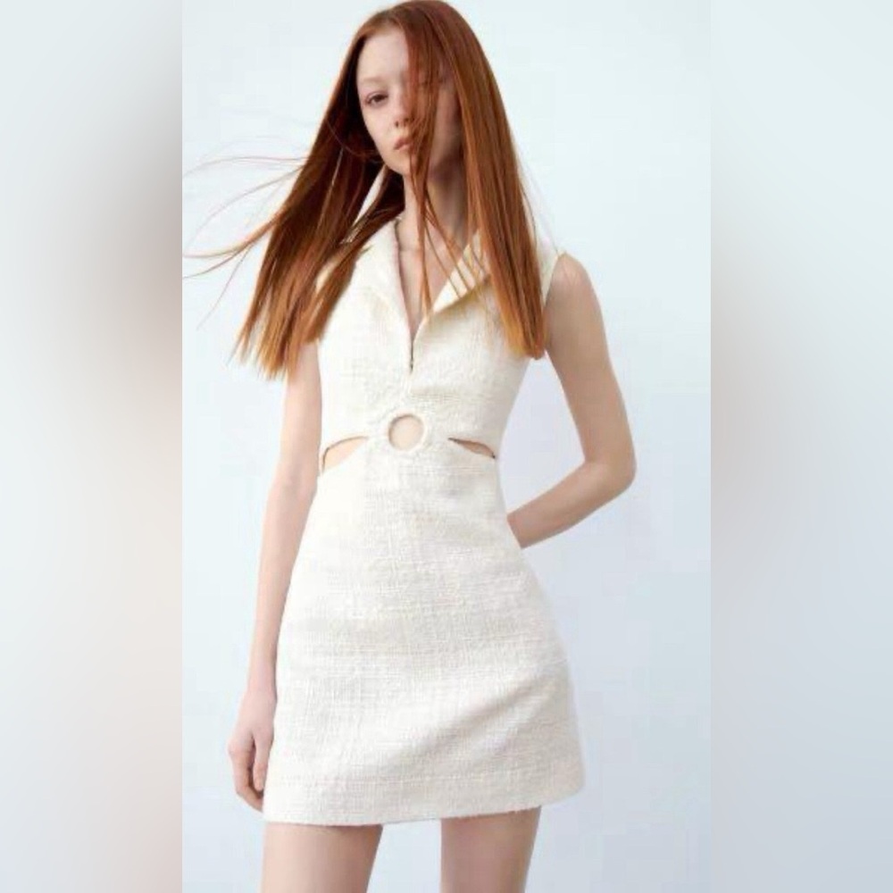 Zara Cream Tweed Cutout Mini Dress size Medium